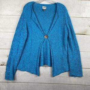 Chico's 3 Size XL Sweater Cardigan Blue Open Knit Lagenlook One Button Topper